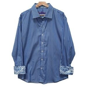 Robert Graham Striped Paisley Flip Cuff Button Down Dress Shirt Size XL